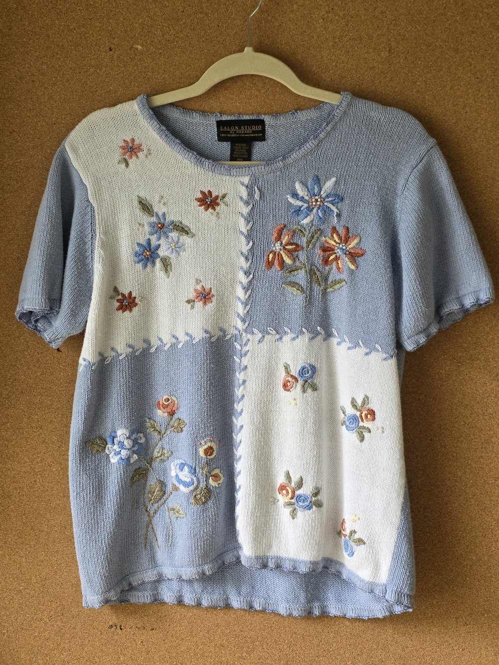 Salon Studio by Haband Embroidered Floral Ramie Cotton Knit Top Blue White L